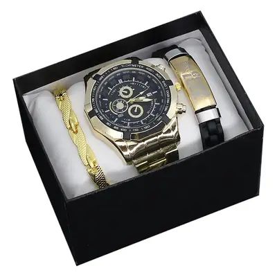 Men's Gold Quartz Watch with 3 Dials & Bracelet Set