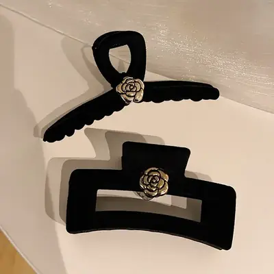 Black Velvet Camellia Hair Clip for Women Winter