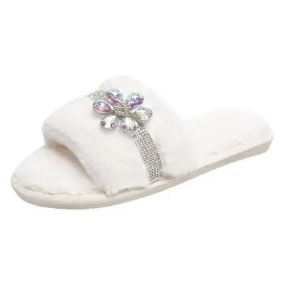New foreign trade cross-border plush slippers women's fashion bright diamond flower fluff slippers indoor home cotton slippers
