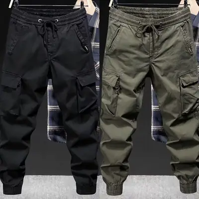 Men Black Multi-Pocket Ankle-Tied Pants Army Green