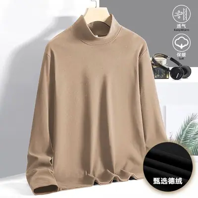 Men's Black Velvet Fleece Round Neck Long Sleeve T-Shirt