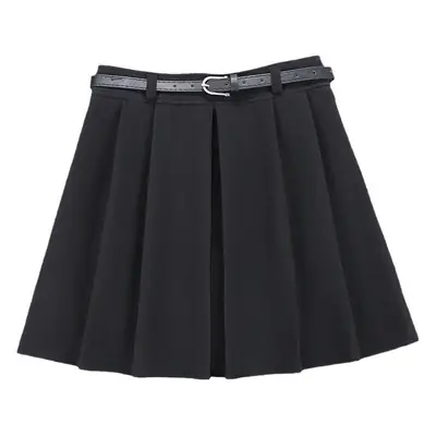 Black Wool Pleated Skirt with Belt for Women