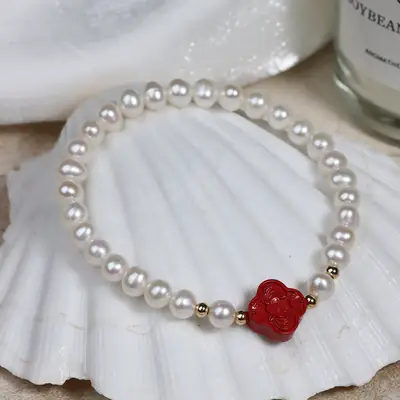 New Red Cinnabar Pearl Bracelet Chinese Style Wholesale