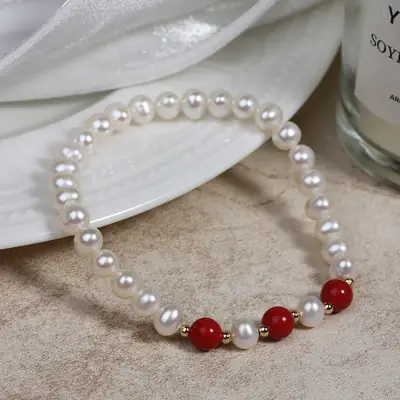 Natural Freshwater Pearl Cinnabar Beads Bracelet