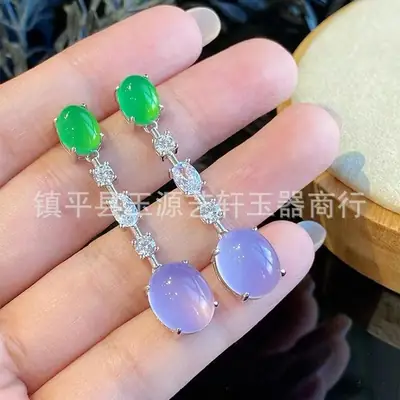 Natural Chalcedony Yang Green Earrings with Pink & Silver Plating