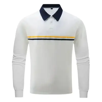 Men's White Polo Shirt with Yellow Stripes Long Sleeve