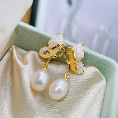 18K Gold Plated Pearl Butterfly Earrings for Women