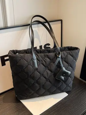Women Quilted Cotton Commuter Bag Black Large Capacity