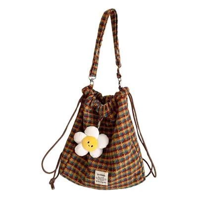 Korean Style Woolen Plaid Drawstring Backpack for Women