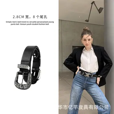 Women's Black Cross-Border Belt with Crystal Buckle