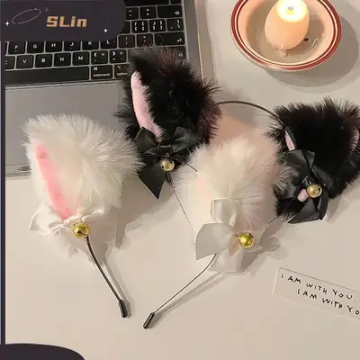 Black Faux Fur Cat Headband with Bell and Bow
