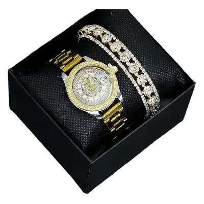 Diamond-Embedded Women's Bracelet Watch Set Gold Plated