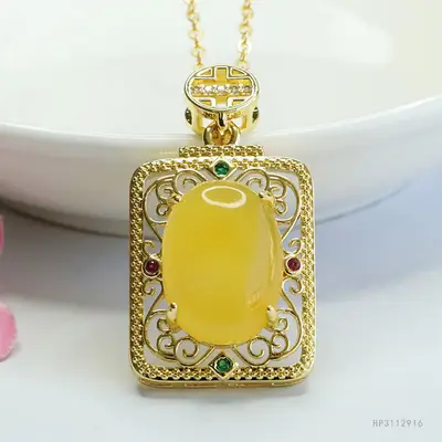 Guan Yu Yellow Amber Square Necklace Ethnic Gold