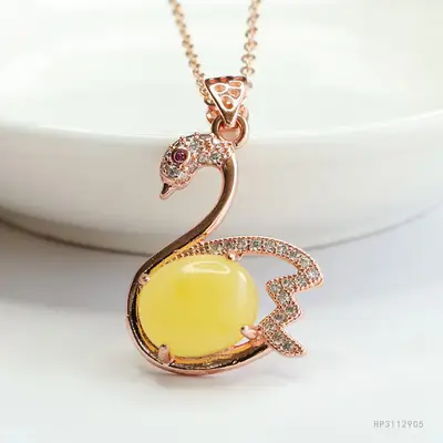 Swan Necklace with Yellow Honey Amber Pendant for Women
