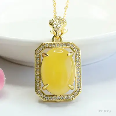 Yellow Amber Square Necklace with Crystal Accents