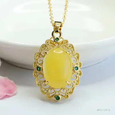 Guan Yu Yellow Honey Amber Pendant Necklace