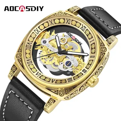 Men's Transparent Hollow Watch Brown Leather Band