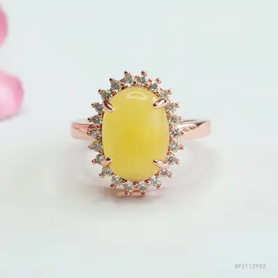 Yellow Honey Amber Ring for Women with Diamond Set