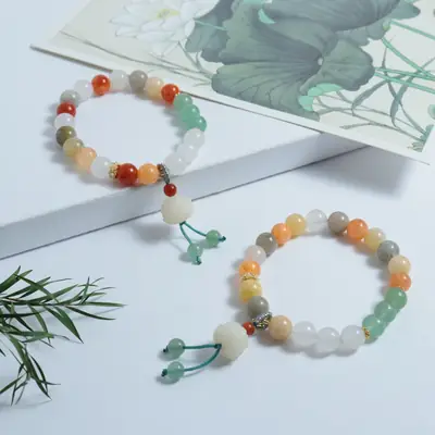 Golden Silk Jade Bracelet Lotus Lido with Colorful Beads