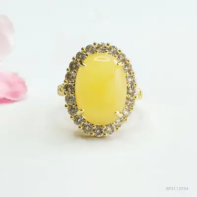 Yellow Amber Pigeon Egg Finger Ring Gold Plated