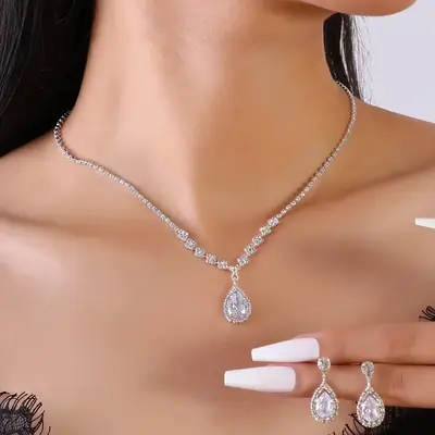 High-End Bridal Zircon Necklace & Earrings Set