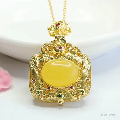 Guan Yu Yellow Amber Phoenix Necklace with Gold Plating