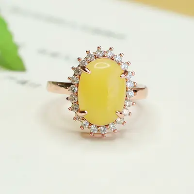 Yellow Honey Amber Ring for Women with Diamond Set
