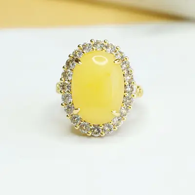 Yellow Honey Amber Pigeon Egg Ring with Diamond Set