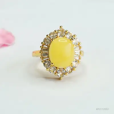 Yellow Honey Amber Ring with Diamond Set