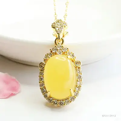 Gold Pendant Necklace with Yellow Amber Honey Wax Egg Design