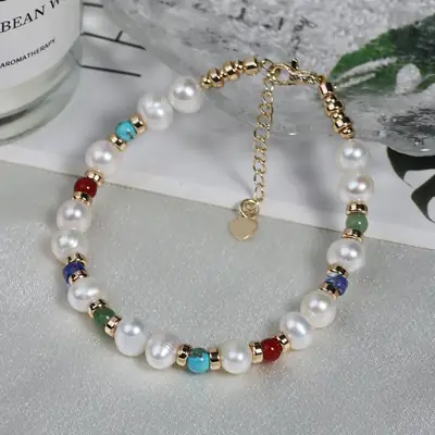 Natural Freshwater Pearl Bracelet with Crystal Agate Gem Woven Design