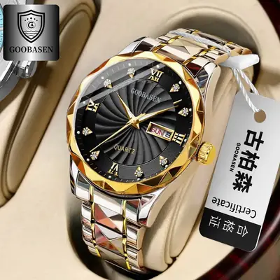 Guberson Men's Diamond Watch Gold Black Dial Waterproof