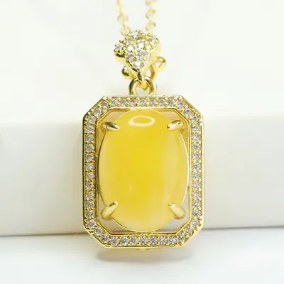 Yellow Amber Square Necklace with Diamond Border
