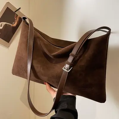 Retro Frosted Suede Shoulder Bag Brown Large Capacity