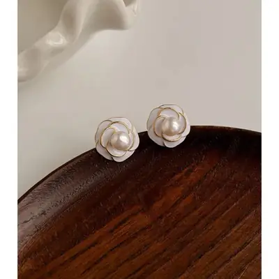 White Camellia Pearl Earrings for Women 2023 Spring Summer