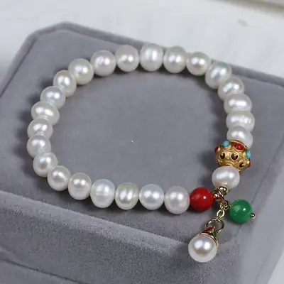 Chinese Style Pearl Bracelet with Red Green Spacers