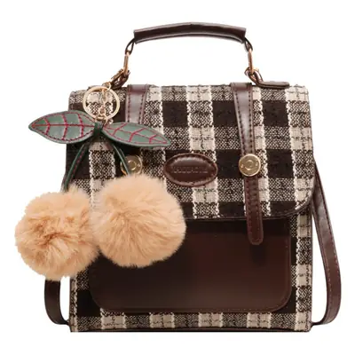 Women's 2025 Crossbody Bag Brown Plaid Pom Pom