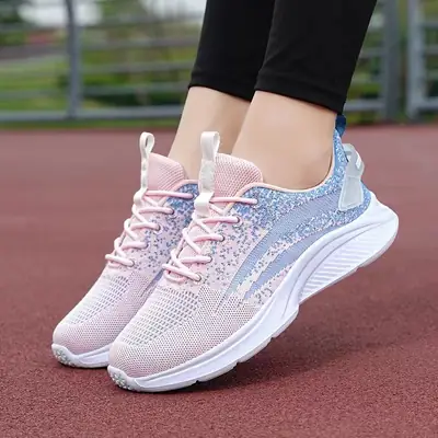 Women's Pink Lace Up Sneakers with Thick White Sole