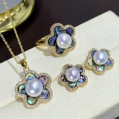 TikTok Explosions Natural Freshwater Pearl Abalone Suit Three-piece Set Women's Ring Earring Pendant s925