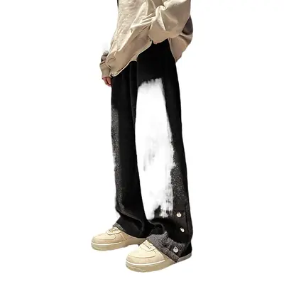Men Woolen Laid-back Pants Wide-leg Button Front