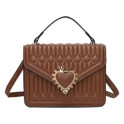 Women's Brown Quilted Shoulder Crossbody Bag with Heart Charm