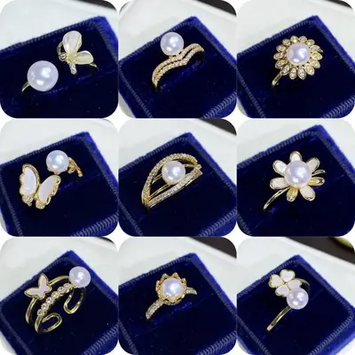Women's Adjustable Pearl Flower Rings Set of 6