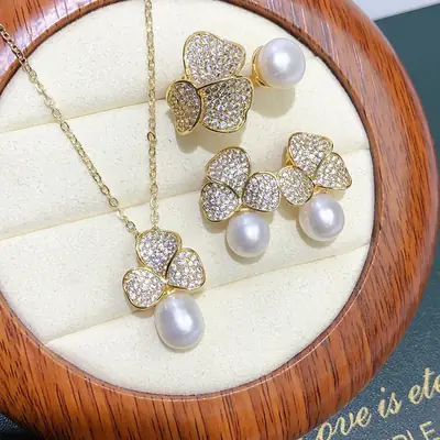 Women's Pearl Earrings Ring Necklace Set Gold Plated