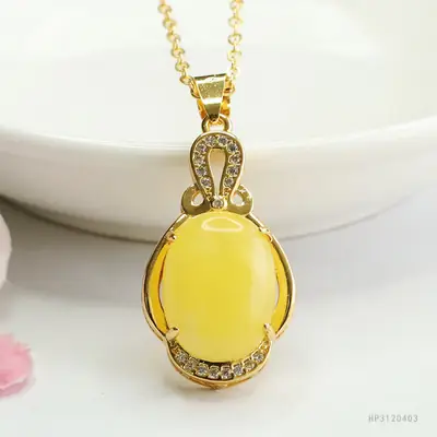 Guan Yu Yellow Amber Pendant Necklace for Women