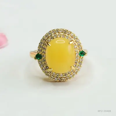 Guan Yu Natural Amber Ring with Green Stones