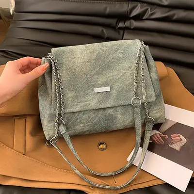 Korean Style Women's Grey Chain Shoulder Bag 2024 Winter