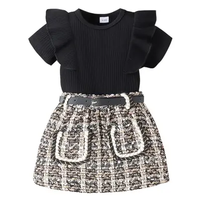 Girls Crossbody Dress Black Top Patterned Skirt with Belt