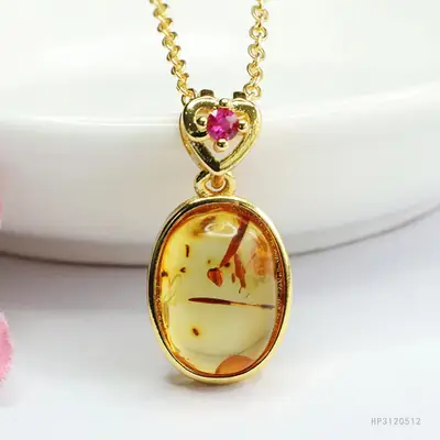 Natural Amber Pendant Necklace for Women Gold Plated