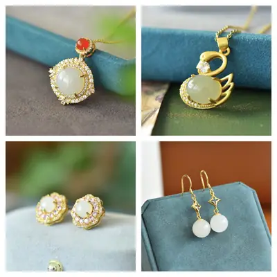 925 silver inlaid hetian jade pendant white jade water drop rose gold inlaid jade ladies necklace ring earrings wholesale