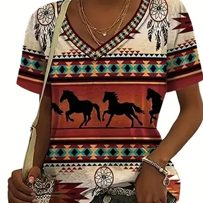 2023 foreign trade cross-border women's clothing fashion loose V-neck digital printing Western style short-sleeved blouse 7037